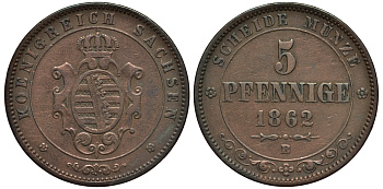 Саксония 5 пфеннигов 1862 B, Йоханн (1854-1873) KM 1218 медь 413-6042