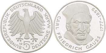 ФРГ 5 МАРОК 1977 J, 200 ЛЕТ СО ДНЯ РОЖДЕНИЯ КАРЛА ФРИДРИХА ГАУССА KM 145, J. 420 серебро PROOF 180-1032