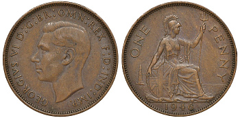Великобритания 1 пенни 1946 Георг VI (1936-1952) KM 845, Spink 4114 бронза 4162-222