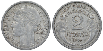 Франция 2 франка 1947 В KM 886а.2, Le Franc 269.11 алюминий 4123-343