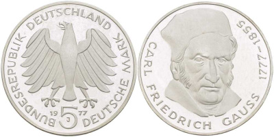 ФРГ 5 марок 1977 J, 200 лет со дня рождения Карла Фридриха Гаусса KM 145, J.420 серебро PROOF 180-1032
