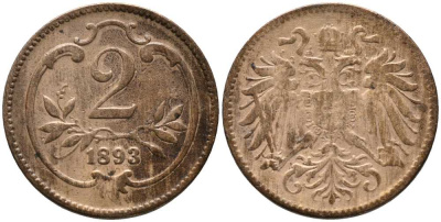 АВСТРИЯ 2 ГЕЛЛЕРА 1893 ФРАНЦ ИОСИФ (1848-1916) KM 2801 бронза 116-828