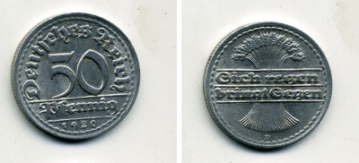 ГЕРМАНИЯ 50 ПФЕННИГОВ 1920 D KM 27, J. 301 алюминий 41-716