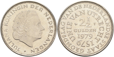 Нидерланды 2 1/2 гульдена 1979 400 лет Утрехтскому союзу, Юлиана (1949-1980) KM 197 никель 4587-944