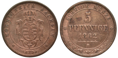 Саксония 5 пфеннигов 1862 B, Иоганн (1854-1873) KM 1218 медь 4681-1236