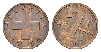 Швейцария 2 раппена 1955 B KM 47 бронза 4708-326