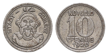 Кобленц 10 пфеннигов 1920 Funck 80.3, Men05 4526.8, Men18 5727.8 железо 4659-359