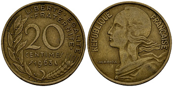 Франция 20 сантимов 1963 KM 930 алюминиевая бронза 4138-343