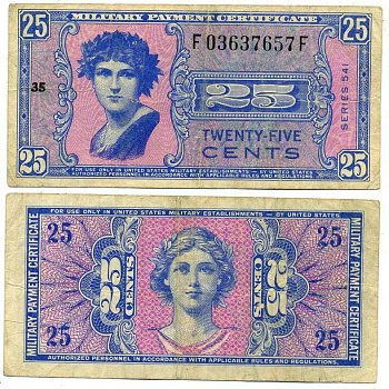 США 25 ЦЕНТОВ 1958 СЕРИЯ 541, ДЛЯ ВООРУЖЕННЫХ СИЛ Pick М38 бумага 7523-17-2