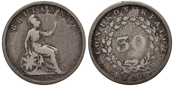 Греция, Ионические острова 30 лепта 1834 Британская администрация (1809-1863) KM 35 серебро 1523-1333