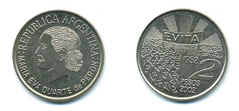 Аргентина 2 песо 2002 Мария Эва Дуарте де Перон KM 135 медно-никель UNC 37-836
