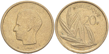 БЕЛЬГИЯ 20 ФРАНКОВ 1982 BELGIQUE, БОДУЭН I (1951-1993) KM 159 никель бронза 4546-247