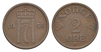 Норвегия 2 эре 1954 Хокон VII (1905-1957) KM 399 бронза 4635-326