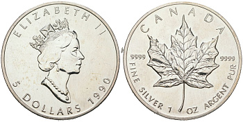 Канада 5 долларов 1990 кленовый лист KM 187 серебро 1527-122