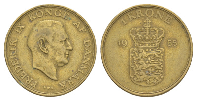 Дания 1 крона 1955 N, Фредерик IX (1947-1972) KM 837 алюминиевая бронза 4638-731
