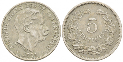 Люксембург 5 сантимов 1901 герцог Адольф (1890-1905) KM 24 медно-никель 3955-564