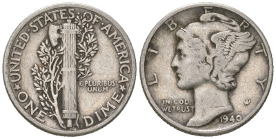 США 10 центов (дайм) 1940 KM 140 серебро 3334-1245