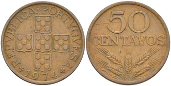 ПОРТУГАЛИЯ 50 СЕНТАВО 1974 KM 596 бронза 4523-616