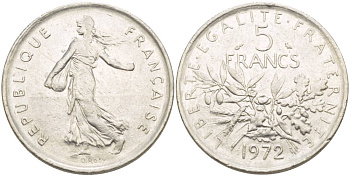 ФРАНЦИЯ 5 ФРАНКОВ 1972 СЕЯТЕЛЬ KM 926a.1, LE FRANC 341.4 медно-никель плакированный никелем 4185-333