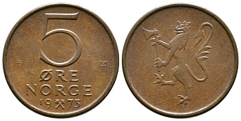 Норвегия 5 эре 1973 Улаф V (1958-1991) ​KM 415 бронза 3458-259