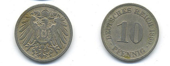 ГЕРМАНИЯ 10 ПФЕННИГОВ 1899 A KM 12, J. 13 медно-никель 58-214