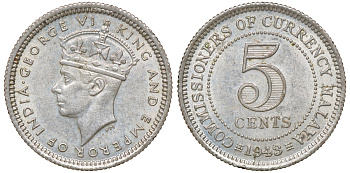 Британская Малайя 5 центов 1943 Георг VI (1937-1952) KM 3a серебро 53-158