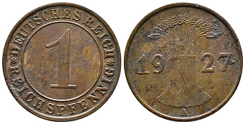 ГЕРМАНИЯ 1 РЕЙХСПФЕННИГ 1927 A KM 37, J. 313 бронза 39-958