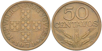 Португалия 50 сентаво 1971 KM 596 бронза 4513-1224