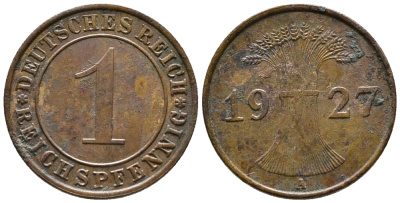 ГЕРМАНИЯ 1 РЕЙХСПФЕННИГ 1927 A KM 37, J. 313 бронза 39-958