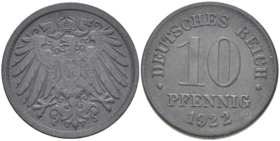 ГЕРМАНИЯ 10 ПФЕННИНГОВ 1922 KM 26, J.299, Weege 8 цинк 202-223