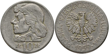 Польша 10 злотых 1959 MW, Тадеуш Костюшко, первый год KM 50 медно-никель 180-146