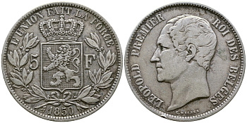 Бельгия 5 франков 1850 Леопольд I (1831-1865) KM 17 серебро 74-1134