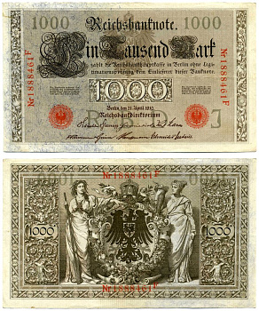 Германия 1000 марок 1910 21 апреля 1910, красная печать, номер семизначный, серия F, буква J, выпуск СЕНТЯБРЬ - ОКТЯБРЬ 1921 Pick 44, Роземберг 45с бумага VF 8606-39-2-2