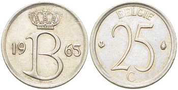 Бельгия 25 сантимов 1965 Belgie, Бодуэн I (1951-1993) KM 154.1 медно-никель 214-142