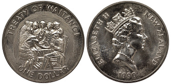 Новая Зеландия 1 доллар 1990 годовщина заключения Вайтангского договора, Елизавета II (1952-2022) KM 76 медно-никель UNC 4537-222