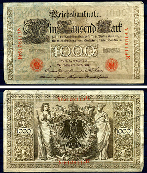 Германия 1000 марок 1910 21 апреля 1910, красная печать, номер семизначный Pick 44 b 2 бумага 7552-71-2-1