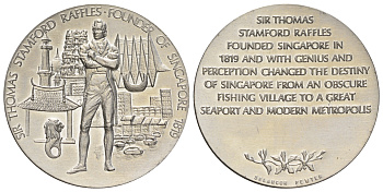 Сингапур медаль в честь Основание Сингапура - сэром Стэмфордом Раффлзом в оригинальном буклете, диаметр 70 мм, вес олово UNC 1-4-2-13