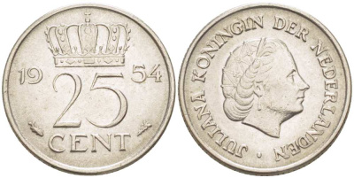НИДЕРЛАНДЫ 25 ЦЕНТОВ 1954 КОРОЛЕВА ЮЛИАНА KM 183 никель 3955-147