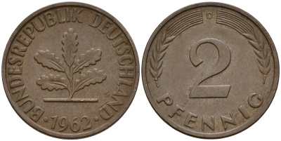 ФРГ 2 пфеннига 1962 D J.381  KM 106 бронза  4598-725