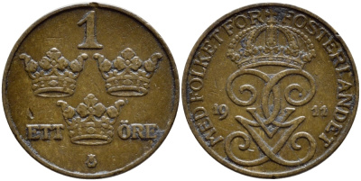 Швеция 1 эре 1911 Густав V (1907-1950) KM 777.2 бронза 4396-212