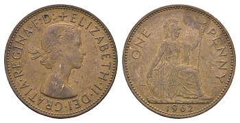 Великобритания 1 пенни 1962 Елизавета II (1952-2022) KM 897, Spink 4157 бронза 4661-911