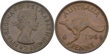 АВСТРАЛИЯ 1 ПЕННИ 1964 m, ЕЛИЗАВЕТА II (1953-), КЕНГУРУ KM 56 бронза 82-812