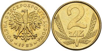 Польша 2 злотых 1985 MW, Народная Республика KM 80.1, Parchimowicz 217l латунь UNC 4580-753