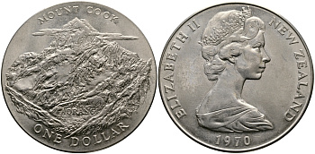 Новая Зеландия 1 доллар 1970 гора Кука, Аораки, Елизавета II (1952-2022) KM 42 медно-никель UNC 118-222