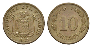 Эквадор 10 сентаво 1942 KM 76a латунь 1528-1433