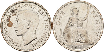 Великобритания 1 пенни 1937 Георг VI (1936-1952), серебрение KM 845, Spink 4114 бронза 4117-833