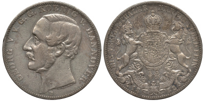 Брауншвейг-Каленберг-Ганновер 1 талер 1862 В, Георг V (1851-1866) КМ 230, AKS 144, Dav. 682, Kahnt 239, Thun 174 серебро  1520-845