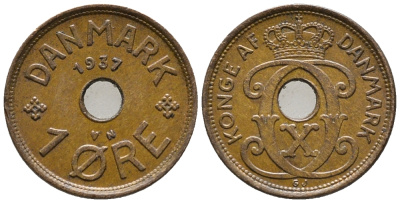 ДАНИЯ 1 ЭРЕ 1937 N; GJ, КРИСТИАН X (1912-1947) KM 826.2 бронза 66-156