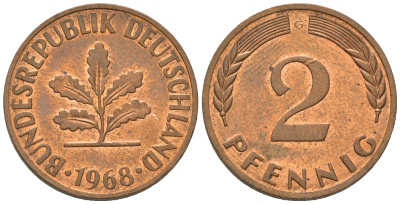 ФРГ 2 пфеннига 1968 G, из ролла J 381 a, KM 106 a сталь плакированная медью  aUNC  4173-111