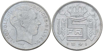 БЕЛЬГИЯ 5 ФРАНКОВ 1941 BELGES, ЛЕОПОЛЬД III (1934-1950) ГЕРМАНСКАЯ ОККУПАЦИЯ, ВТОРАЯ МИРОВАЯ ВОЙНА KM 129.1 цинк 202-1141